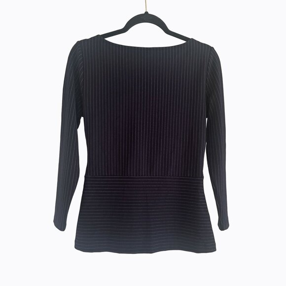 Ann Taylor Pin-Stripe Faux Wrap Peplum Top SzS Navy V-Neck Chic 90s Y2K Corpcore - Picture 2 of 6